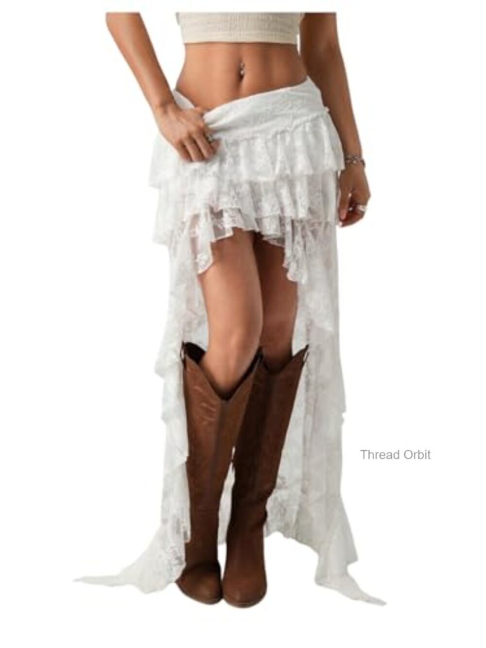 Lace Boho Maxi Skirt Asymmetrical Drop Waist Cowgirl Style Pull On